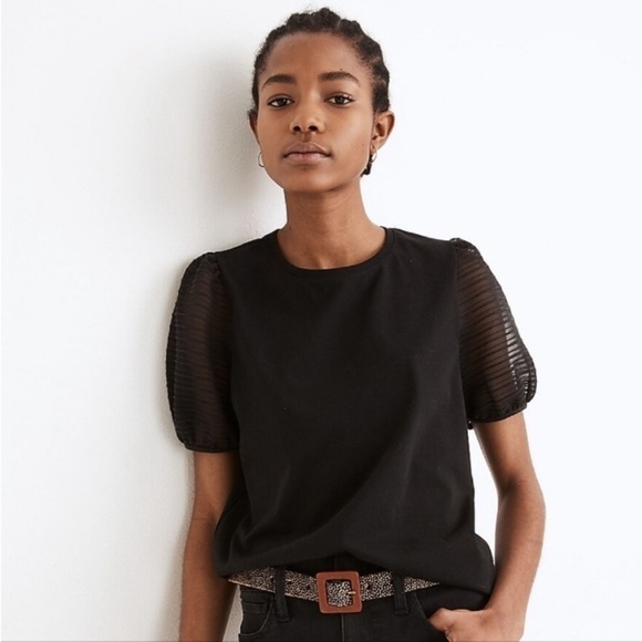 Madewell Striped Sheer Puff Sleeve Knit Shirt Top M Preppy Staple Elevated Basic - Picture 4 of 13